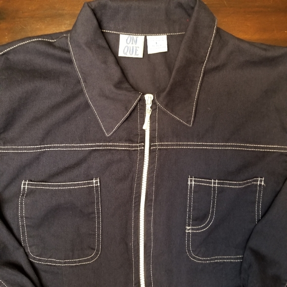 Vintage, On Que, Blue Cotton with White Stitching Zippered Jacket, large - Picture 6 of 10